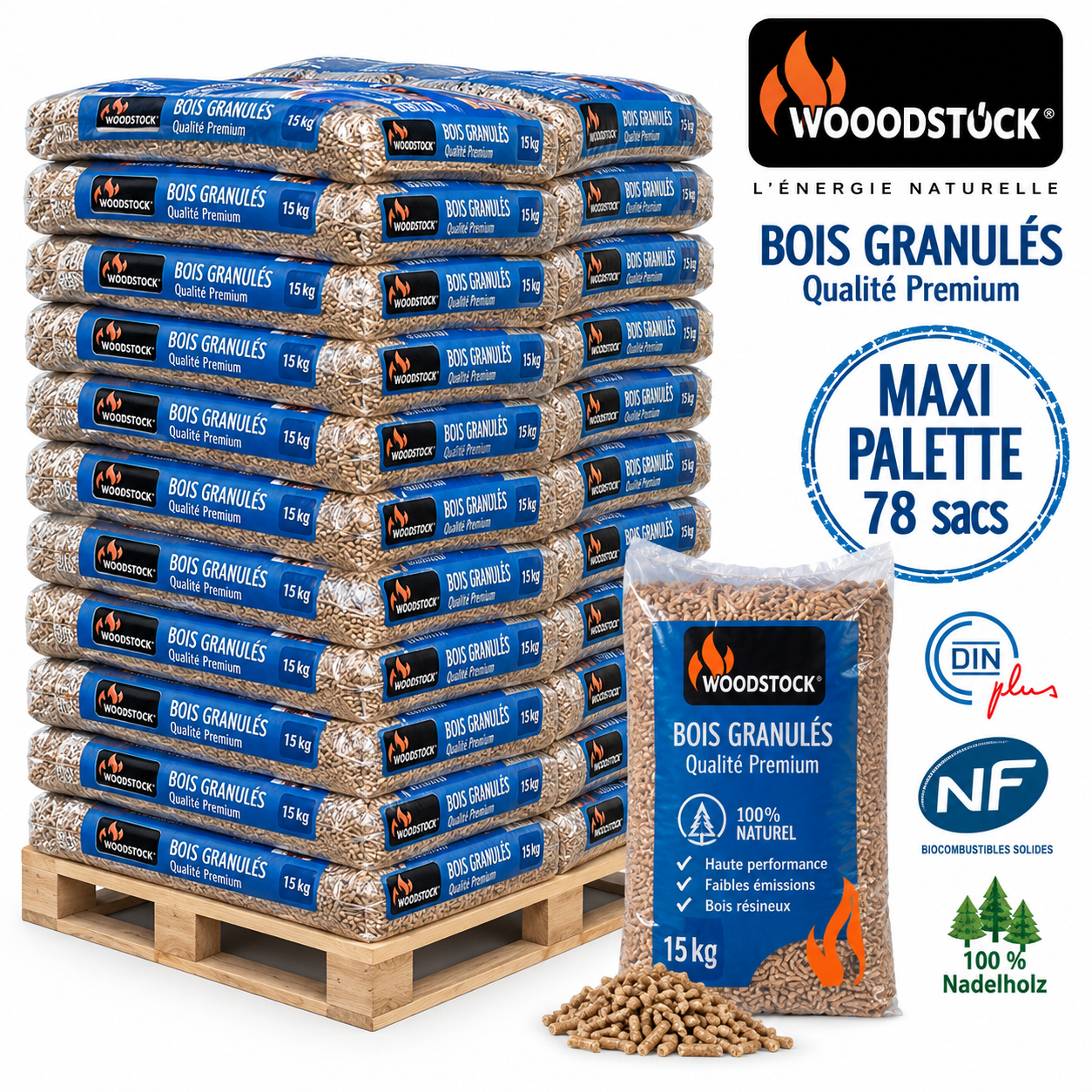 c3bde765-b34d-4d18-9cf6-3bc2c5d7b4b7.png WOODSTOCK Holzpellets – 78-Sack-Palette – 100 % Nadelholz, DINplus & NF – Image 1